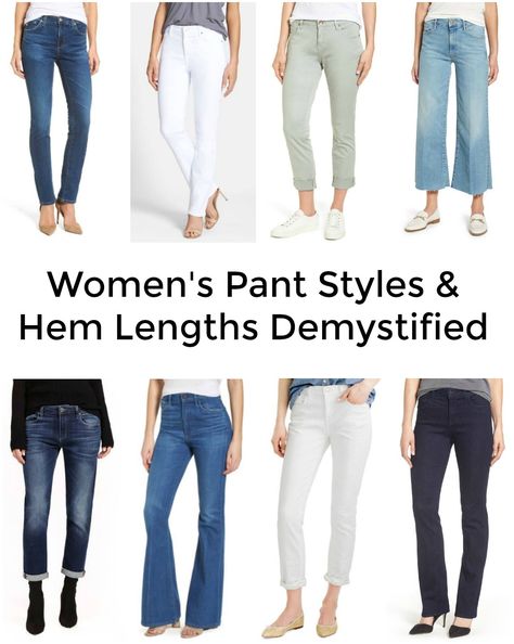 Women's Pant Styles and Hem Lengths Demystified: I’m breaking down pant styles and hem lengths and what shoes to wear with the various styles of pants and jeans that are trending these days. Styles Of Pants, Fashion Trousers Women, Organic Cleaners, What Shoes To Wear, Types Of Jeans, Nassau County, Piccadilly Circus, Pants Women Fashion, Women Fashion Edgy