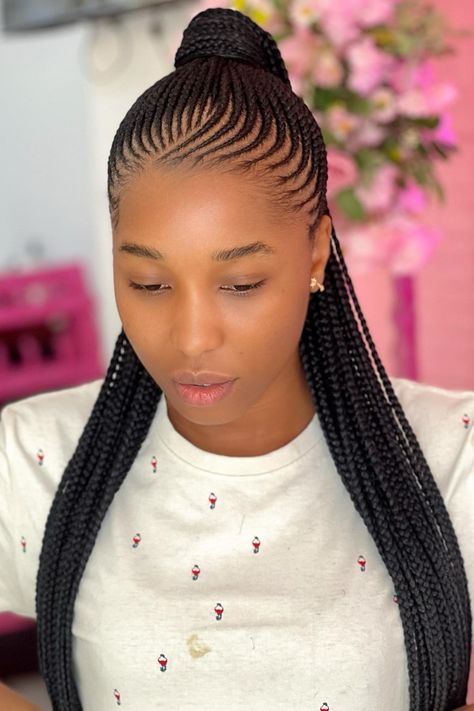 Braided Ponytail Hairstyles Up Do Cornrows Black Women, Cornroll Ponytail Hairstyles, Bolla Hairstyles Braids, Allen Iverson Braids For Women, Ponytail Braids Hairstyles For Black Women, Corn Roll Pony Hairstyles, Conroll Styles Pony, French Braid Ponytail Black Hair, Plaited Hairstyles For Black Women