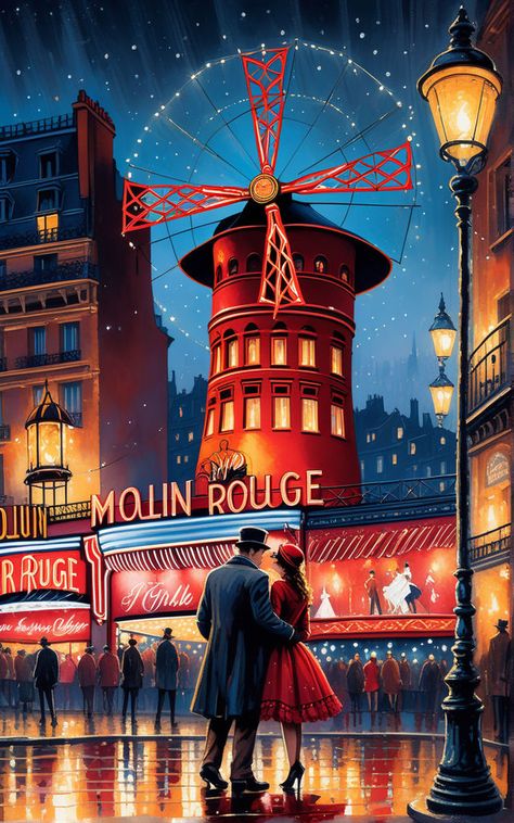 Close up of a couple stand before the famous Moulin Rouge i... by K. Ingrid - Playground Moulin Rouge Paris, Design Fails, Image 3d, Fantasy Pictures, Art Deco Posters, Poster Artwork, Retro Illustration, Classic Cars Trucks, Image Generator