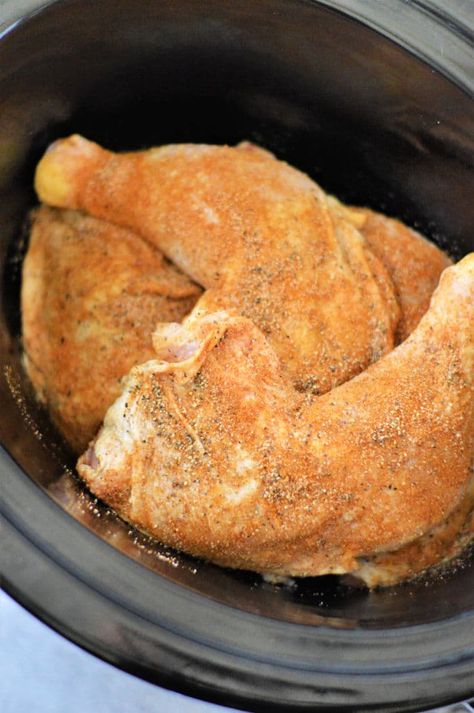 How to cook Crockpot chicken leg quarters in just a few hours. Fork tender legs and thighs, then crisp the skin when done. A healthy dinner. Quarter Chicken Legs Recipes Crockpot, Crockpot Leg Quarters, Slow Cooker Leg Quarters, Chicken Quarters In Crockpot, Let Quarter Recipes, Crockpot Chicken Hindquarters, Best Chicken Leg Quarters Recipe, Crock Pot Leg Quarters, Chicken Thigh And Leg Recipes Slow Cooker