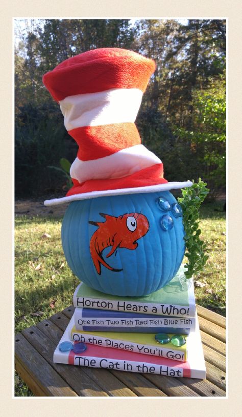 Teacher Pumpkin Carving Ideas, Pumpkin Painting Ideas Cat In The Hat, Pumkin Decoration Ideas Story Book, Pumpkin Decorating Contest Ideas Book Characters, Pumpkin School Contest, Dr Seuss Pumpkin Painting, Book Fair Pumpkin, School Pumpkin Decorating Contest Book, Pumpkin Coloring Contest Ideas