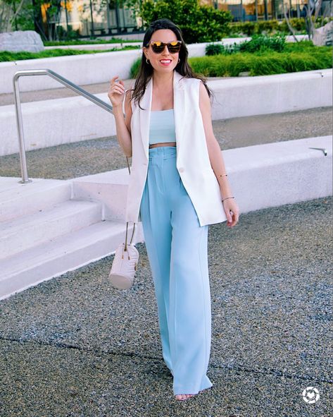 Pastels-Spring-outfit Light Blue Palazzo Pants Outfit, Sky Blue Top Outfit Color Combos, Pastel Blue Pants Outfit, Light Blue Wide Leg Pants Outfit, Pastel Outfit Women, Light Blue Slacks Outfit Women, Light Blue Trouser Outfit Women, Sky Blue Outfit Color Combos, Baby Blue Pants Outfit