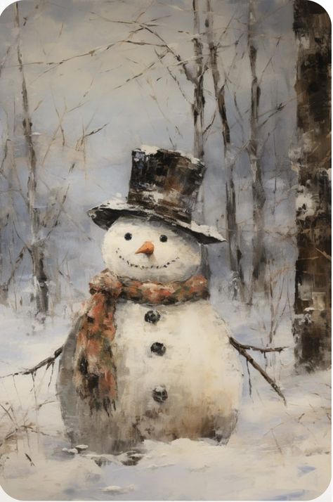 Snowman Winter Scenes, Vintage Winter Scenes Paintings, Snowy Scene Painting, Vintage Winter Painting, Vintage Winter Pictures, Winter Painting Ideas On Canvas, Snowy Landscape Painting, Snow Scenes Winter Landscape, Vintage Winter Scenes