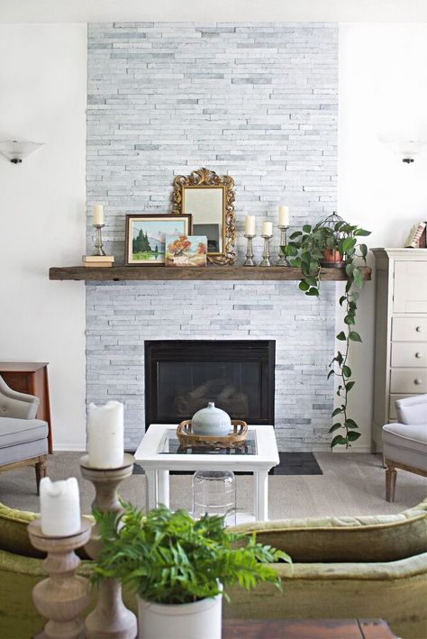 Brick Wall Around Fireplace, How To Make Old Fireplace Look Modern, Fireplace Makeover On A Budget, Fireplace Refacing Tile, Fireplace Facing Ideas, How To Reface A Fireplace, Flat Fireplace Makeover, Inexpensive Fireplace Makeover, Builder Fireplace Makeover