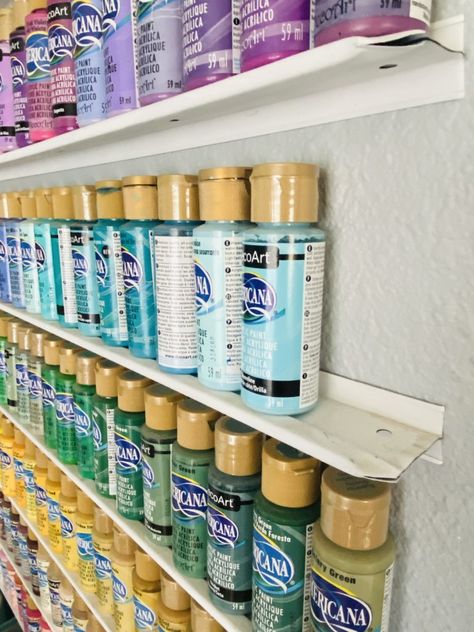 Creative Art Supply Storage, Diy Paint Storage Rack, Organizing Paint Supplies Garage, Acrylic Paint Organization Diy, Paint Storage Ideas Acrylic, Storage For Acrylic Paint Bottles, Acrylic Paint Bottle Storage, Storing Acrylic Paint Bottles, How To Organize Paint Supplies