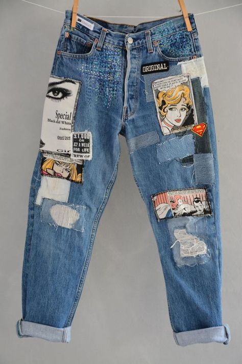 Redone Jeans, Denim Diy Clothes, Patched Denim Jeans, Unique Jeans, Reworked Clothing, Hipster Jeans, Grunge Jeans, Diy Clothes Design, Custom Jeans