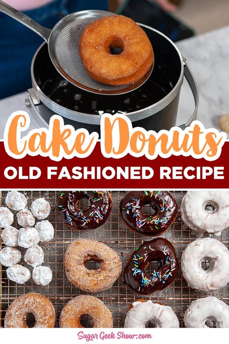 A classic fried cake donut recipe that makes the most delicious old fashioned donuts ever! Light and crispy on the outside, tender, moist, and cakey on the inside. Plain Donut Recipe, Cake Donut Recipe Fried, Donut Recipe Fried, Cake Mix Donuts Recipe, Donut Glaze Recipes, Old Fashioned Donuts, Cake Doughnuts Recipe, Cake Donut Recipe, Geek Recipes