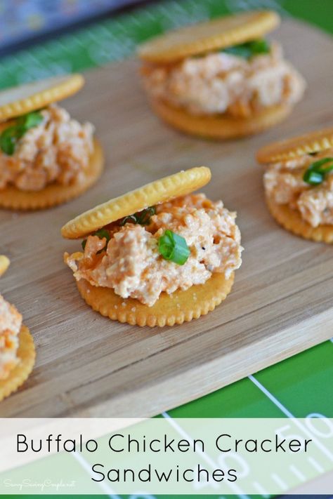 Buffalo Chicken Cracker Stackers: The Perfect Big Game Appetizer! #PreparetoParty #ad Chicken Crackers, Chicken Ritz, Cracker Appetizers, Big Game Appetizers, Ritz Sandwiches, Buffalo Recipes, Cracker Sandwiches, Crackers Appetizers, Chicken Dip