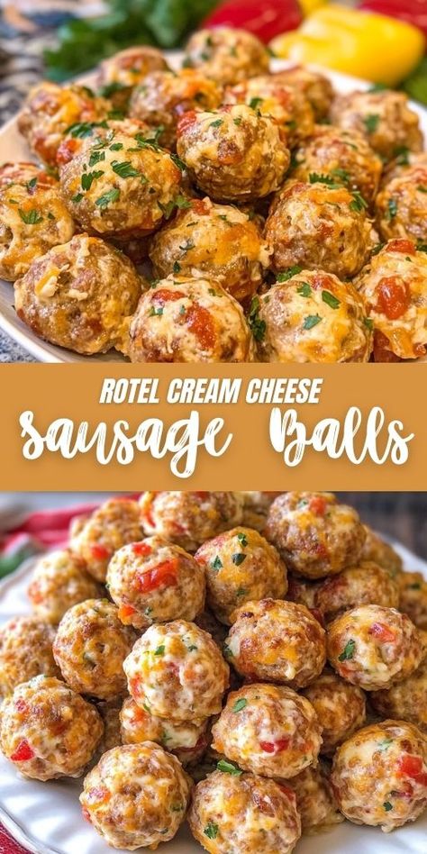 Rotel Cream Cheese Sausage Balls Ingredients: 1 lb hot sausage, uncooked 1 (8-oz) package cream cheese, softened 1 (10-oz) can Rotel diced tomatoes and green chilies, drained 1½ cups Bisquick 2 cups shredded Mexican cheese blend #Rotel #CreamCheese #Sausage #Balls Cream Cheese Rotel, Sausage Balls Low Carb, Hot Sausage Recipes, Mexican Cheese Blend, Cheese Sausage Balls, Cream Cheese Sausage, Sausage Balls Bisquick, Sausage Cheese Balls, Cream Cheese Sausage Balls