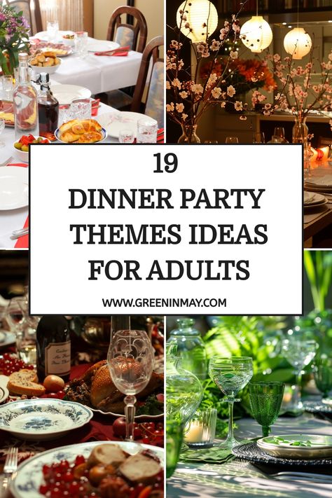 dinner party themes ideas for adults | Fun party themes for adults Dinner Party Table Settings Round Table, Big Party Dinner Ideas, Easy Food For Dinner Party, Dinner Theme Ideas Decor, Recipes For Dinner Parties, Monthly Friends Dinner, Birthday Soiree Ideas, Dinner Party Theme Menu Ideas, September Dinner Party Ideas