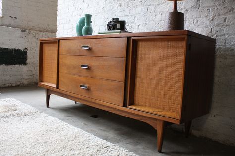 Timeless Kent Coffey MCM Credenza/ Dresser (Walnut & Elm w/ Caned Door Fronts, 1960) Mcm Credenza, Dresser Walnut, Vintage Tv Stand, Tv Unit Decor, Walnut Dresser, Vintage Tv, Mid Century Modern Furniture, First Home, Tv Stand