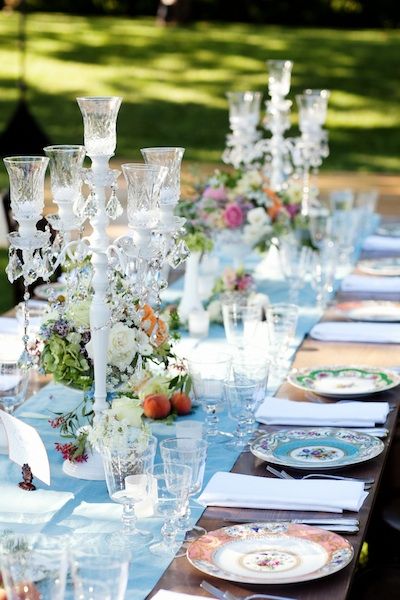 Beautiful table setting; love the different patterns of china and use of stemware. Vintage Table Setting, Vintage Wedding Table, Party Table Settings, Beautiful Table Settings, Pretty Tables, Vintage California, Wedding Table Settings, Wedding Places, Beautiful Table