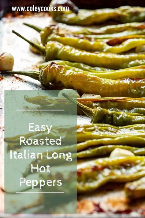 This easy recipe for roasted Italian long hot peppers is a simple, delicious appetizer or side dish that takes just 5 ingredients and 20 minutes to make. Serve them on an antipasti platter, with crusty bread, or add them to sandwiches and salads for an extra burst of flavor. | ColeyCooks.com Long Hots In Oven, Fried Long Hot Peppers, Roasted Hot Peppers Oven, Italian Roasting Peppers, Roast Pepper Recipes, Long Hot Recipe, Italian Pepper Recipes, Roasted Long Hot Peppers, Recipes For Hot Peppers