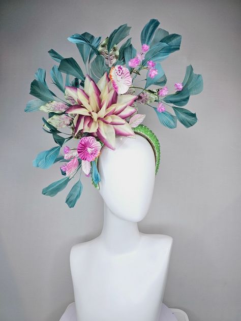 Kentucky Derby Hat Fascinator Lime Green Beaded Headband With Cream Purple Silk Flowers and Pink Flowers and Teal Feathers - Etsy Floral Fascinators, Derby Outfits, Derby Hats Fascinators, Hat Fascinator, Boho Jewellery, Melbourne Cup, Kentucky Derby Hat, Derby Hat, Beaded Headband