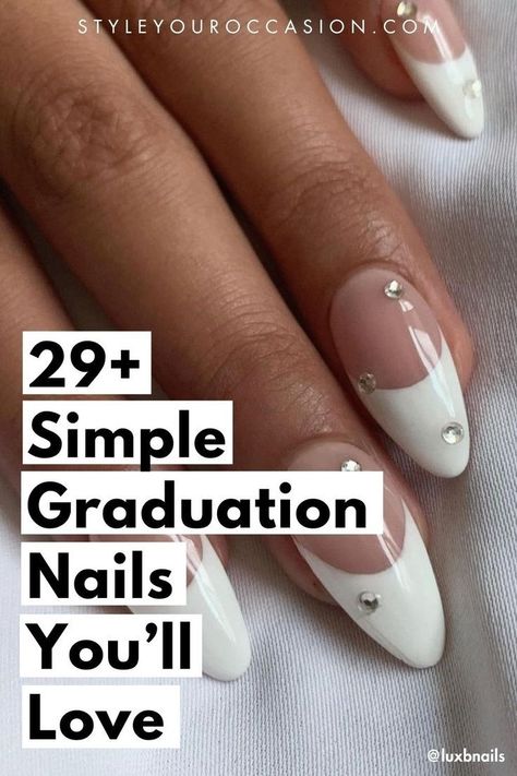 Graduation Nails inspiration & Ideas 2024: You’ll love this list of simple grad nails with stunning designs and art. Whether you want cute short nails or elegant nails with square, coffin, or almond shape, this list has it all! High school or college graduates will love these gel manis for the big day! Nails For College Graduation, Classy Nail Inspo Square Short, Nail Designs For Formal Events, French Nail Square, Nails For Senior Pictures, Simple Grad Nails, Nails For Grad, Graduation Nails Design, Nail Designs Graduation