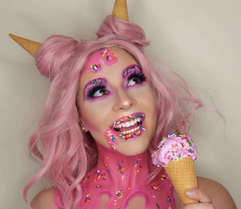 ❤️ Makeup Zombie, Makeup Clown, Fantasy Make-up, Halloween Make-up Looks, Candy Costumes, Creepy Halloween Makeup, Candy Makeup, Cute Halloween Makeup, Unicorn Makeup