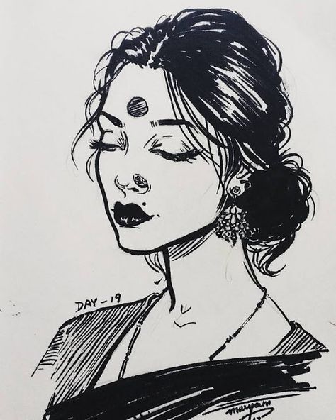 INKtober 2017 day-18 Happy Pencil Drawings, Ink Portrait Drawing Faces, Brush Pen Portrait, Aesthetic Pen Sketches, Pen Drawing Ideas Creativity Sketchbooks, Women Sketches Pencil, Pen Sketches Face, Face Drawing Female, Sketch With Black Pen