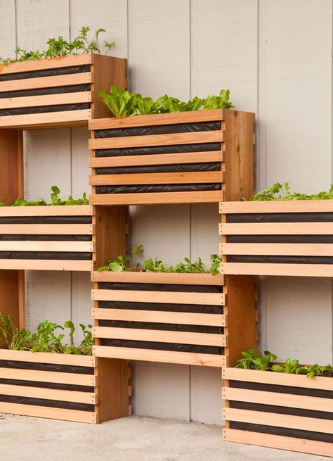 If you prefer a clean, minimalist aesthetic, stacked cedar boxes attached to the side of your home make for a striking vertical garden. Kebun Herbal, Vertical Vegetable Gardens, Taman Diy, Tanaman Indoor, Jardim Diy, Vertical Garden Design, Vertical Vegetable Garden, نباتات منزلية, Vertical Herb Garden