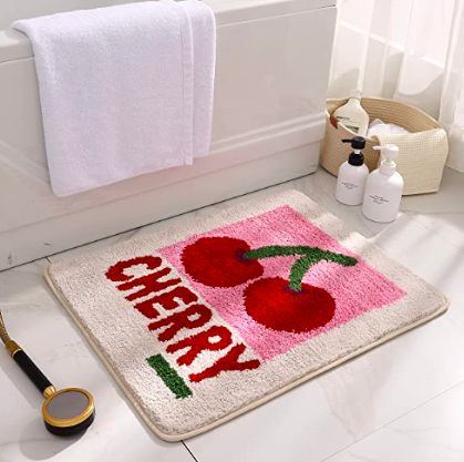 bathroom design, bathroom rugs, Amazon home, home decor, decor favorites, interior design, fun rugs, bathroom style, cherry Pink Bathroom Rugs, Dorm Necessities, Cute Bath Mats, Funny Fruit, Small Kitchen Organization, Family Decor, Pink Bathroom, Baby Organization, Dorm Decor