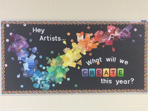 Bulletin Boards For Art Room, Art In The Classroom, Art Class Bulletin Board Ideas, Creativity Starts Here, Art Teacher Bulletin Boards, Back To School Art Bulletin Board Ideas, Elementary Art Bulletin Board Ideas, Art Room Bulletin Boards Elementary, Art Class Bulletin Boards Elementary