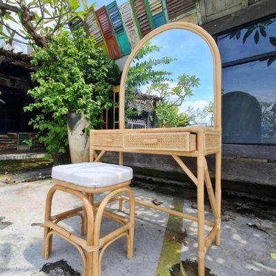 Beautiful Coco dressing table rattan vanity with matching original stool, mirror does not detach this piece is truly one of a kind and has all the looks you need. | Hibashi Furniture Coco Vanity in Brown, Size 64.0 H x 36.0 W x 15.2 D in | Wayfair Rattan Vanity Table, Modern Boho Vanity, Boho Vanity Chair, Boho Vanity Ideas, Wicker Vanity, Rattan Vanity, Boho Vanity, Future Bedroom Ideas, Comfortable Bedroom Decor