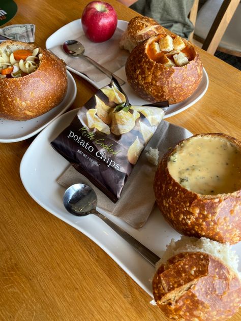 Soup And Bread Aesthetic, Bread Bowl Aesthetic, Panera Bread Aesthetic, Panera Aesthetic, Panera Bread Bowl, Panera Soup, Soup In A Bread Bowl, Soup Aesthetic, Usa Food