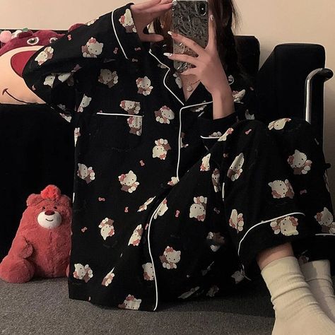 Sanrio Hello Kitty Long Sleeve Top Shirts Trousers 2 Piece Set Women Fashion Home Clothes Cute Pajamas Y2k Black Sleepwear Suit - Walmart.com Y2k Pijama, Pajamas Y2k, Pijama Aesthetic, Black Pjs, Tokyo Streetwear, Black Sleepwear, Black Pajamas, Ropa Aesthetic, Cute Pjs