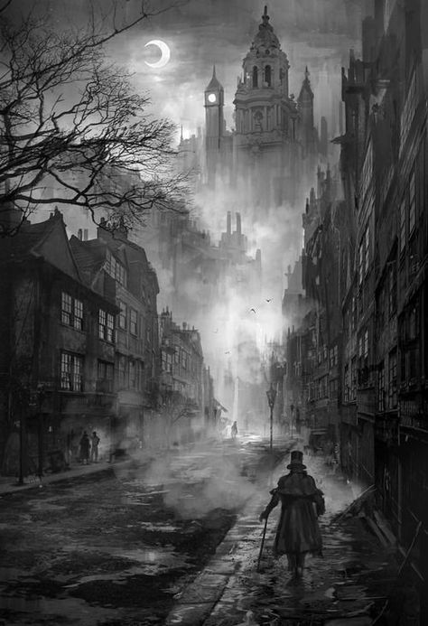 London street by nkabuto (Phuoc Quan) on devianArt, city view, black and white, man, pavement, buildings, architechture, dark, night, moon, castle, fabulous, beautiful, fantasy art.                                                                                                                                                      More Ville Steampunk, Art Noir, Victorian London, رعب نفسي, Fleet Street, 흑백 그림, 다크 판타지, Arte Obscura, London Street