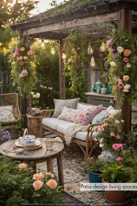 Cottagecore Patio, Enchanted Backyard, Whimsical Patio, Chic Boho Living Room, Garden Fairy Lights, Whimsical Backyard, Whimsical Garden Party, Feeling Content, Shabby Chic Patio