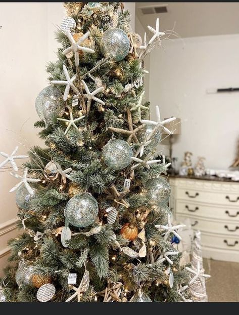 Coastal Christmas Ornaments, Time Decorations, Shell Christmas Ornaments, Beachy Christmas Tree, Eclectic Coastal, Themed Trees, Beach Centerpieces, Beach Christmas Trees, Seashell Christmas Ornaments