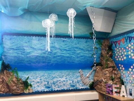 Under The Sea Reading Area, Under The Sea Display Classroom, Under The Sea Book Corner, Under The Sea Display Board, Under The Sea Reading Corner, Ocean Reading Corner, Reading Corner Display, Under The Sea Display, Sea Theme Decor