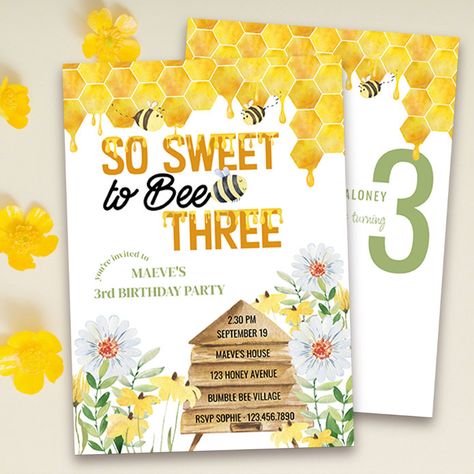 Sweet To Bee Three, 3rd Birthday Invitation, 92nd Birthday, Girls 3rd Birthday, Baby Birthday Themes, Third Birthday Party, Custom Birthday Invitations, Bday Party Theme