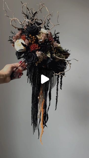 Veronica Franklin // Woodinville, WA on Instagram: "Bouquet Restock: Friday the 23rd at 9AM PST 🤠🤎 Many more will be posted tomorrow, but for now enjoy this beautiful cascading bouquet with a Fire Quartz Crystal Handle 🥳

#crystalbouquet #witchywedding #darkwedding #gothwedding #flowers #crystals #crystalwedding #burnablebouquet #weddingflowers #driedflowers #bridalbouquet #kirkland #alternativewedding  #ronniefloweer #weepingwreath #gothflorist #gothflowers #witchyflowers #witchyflorist" Holly Wedding, Cascading Bouquet, Cascading Wedding Bouquets, Crystal Bouquet, Fire Quartz, Goth Wedding, Alternative Bride, Dark Wedding, Cascade Bouquet