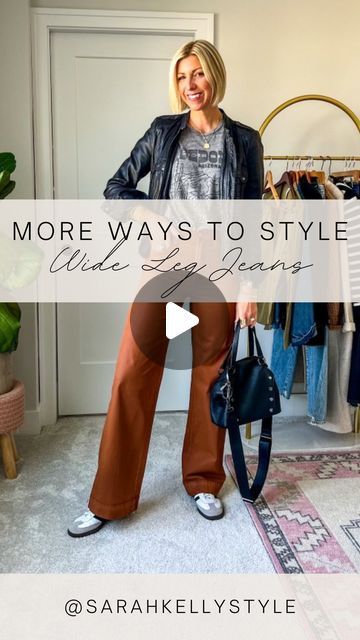 Sarah Kelly | Over 40 Style + Denim Fit Expert on Instagram: "To shop, comment OUTFIT & I’ll DM you the details ✨

Wide leg pants outfit idea for everyday with sneakers + graphic tee! 
*STYLE TIP coated jeans gives a lux feel & looks edgy yet chic! A fall trend to try👍🏻 But can also easily be dressed down like this for everyday! 

#widelegjeans #outfitideasforyou #falloutfitideas #widelegpants #sarakellystyle" Low Rise Wide Leg Jeans Outfit, Wide Leg Jeans Sneakers Outfit, Wide Leg Jeans Outfit With Sneakers, Wide Leg Pants Winter Outfit, Dress Pants With Sneakers, Wide Leg Jeans With Sneakers, Wide Leg Dress Pants Outfit, Wide Leg Pants Outfit Fall, Trousers With Sneakers