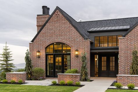 Black Windows on Red Brick Home Add Design Interest Black Trim Exterior House, Brown Brick Exterior, Red Brick House Exterior, Brick Houses, Elegant Doors, Ryan Homes, Brick Ranch, Add Design, Red Brick House