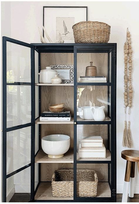 Style Display Cabinet, Storage Display Cabinet, Glass Cabnits Kitchen Decor, Glass Bookcase Styling, Glass Cabinets Living Room, Glass Kitchen Cabinet Styling, Styling Cabinets With Glass Doors, Glass Cabinet Styling, Cabinet Shelf Styling