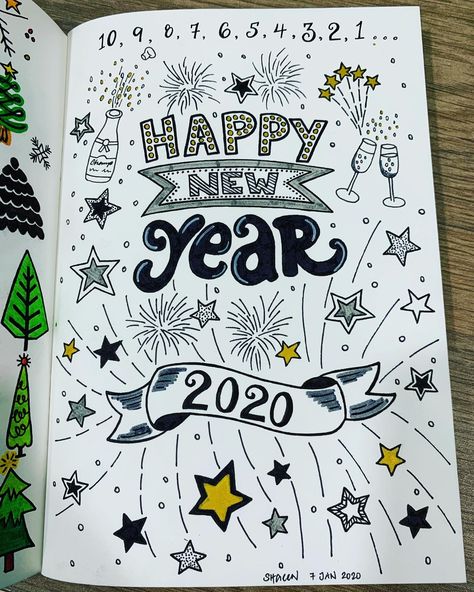 New Years Calendar Ideas, New Year Doodle Art 2024, New Years Doodles, New Years Bullet Journal, January Doodles, Happy New Year Doodle, New Year Doodles, Happy New Year Drawing, New Years Drawing Ideas