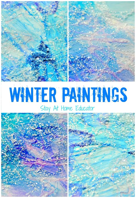 'Tis the season for winter themes in preschool, and these mixed medium winter paintings by Stay At Home Educator are perfect for young toddlers as well as older preschoolers and kindergartners. Kunst For Barn, Winter Theme Preschool, Winter Paintings, January Crafts, Snow Theme, Winter Art Projects, Winter Preschool, Winter Crafts For Kids, Winter Painting