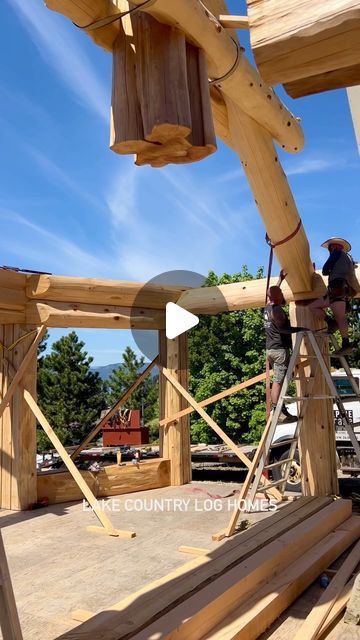 Lake Country Log Homes - LCLH on Instagram: "Construction progress of a Post and Beam Home built with Western Red Cedar Logs. The video shows the log crafting and peeling, setting up the log structure and progress of the entry area and living room that is partially finished.  #customhomes #handcraftedhome #dreamhome #loghome #loghomes #loghouse #logcabin #chalet #timberhome #blockhaus #buildingyourdreamfromnature #customhomebuilder #customhomedesign #mountainhome" Rough Cut Lumber, Post And Beam Construction, Entry Area, Post And Beam Home, Cedar Log, Timber House, Post And Beam, Log Home, Custom Home Designs