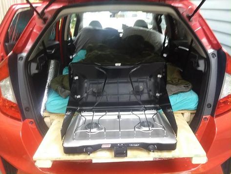 The $150 Honda Fit Camper conversion - Album on Imgur Honda Fit Camper, Honda Fit Camping, Subcompact Cars, Sliding Shelves, Cat Drinking, Camper Conversion, Honda Fit, Random Pics, Home Repair