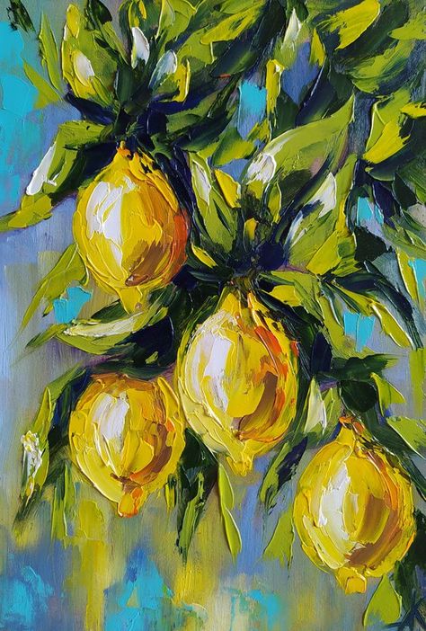 Lemon Oil Painting, Painting Lemons, Nature Oil Painting, Art On Cardboard, Bd Art, Lemon Painting, Oil Painting Nature, Umbrella Art, Lemon Oil