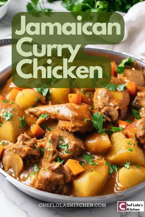 This picture shows Jamaican Curry Chicken in a round, shallow bowl Curry Chicken Recipes Jamaican Easy, Curry Chicken With Potatoes, Leg Quarter Recipes, Curry Chicken Marinade, Chicken Potatoes Carrots, Chicken And Potato Curry, Caribbean Dishes, Chicken Curry Recipe Easy, Jamaican Rice