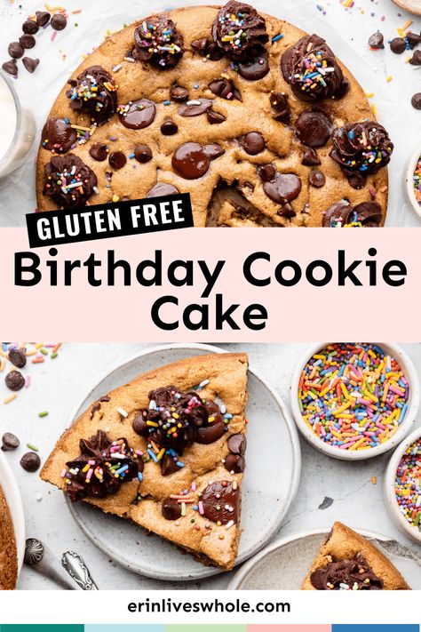 Gluten And Dairy Free Birthday Desserts, Healthy Cookie Cake, Gf Cookie Cake, Gluten Free Cookie Dough Cake, Gluten Free Chocolate Chip Cookie Cake, Gluten Free Cookie Cake, Gluten Free Dairy Free Funfetti Cake, Healthy Gingerbread Cookies, Gluten Free Birthday Cake