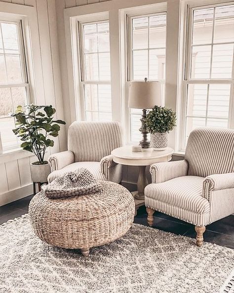 sunroom ideas • Instagram Sitting Area Inspiration, Front Room Sitting Room Ideas, Small Keeping Room Ideas, Sitting Space Ideas, Sunroom Sitting Room Ideas, Sunroom Sitting Area, Coffee Sitting Area Room Ideas, Small Office Sitting Area, Cozy Sitting Room Ideas Small Spaces