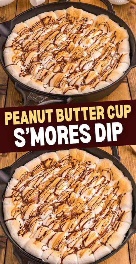 Peanut Butter Cup S'mores Dip Campfire Smores Dip, S’more Dip Oven, Smore Dip Recipe, Crockpot Smores Dip, Easy Smores Dip, Reeses Smores, Dipped Smores, Peanut Butter Smores Dip, Smore Dip