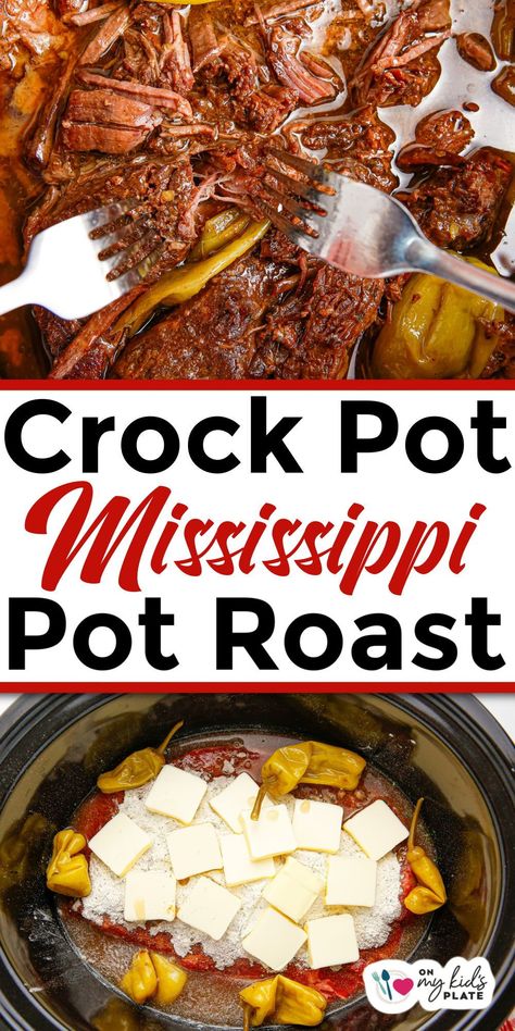 Flavorful and tender Mississippi Pot Roast is slow-cooked to perfection in the crockpot. This is the best beef roast you will ever taste, the whole family will lick the plate clean with this tender roast! Mississippi Roast Crock Pot, Crock Pot Mississippi Pot Roast, Mississippi Pot Roast Recipe, Pot Roast Crock Pot Recipes, Mississippi Roast, Vegetarian Crockpot Recipes, Pot Roast Recipe, Mississippi Pot Roast, Crockpot Roast