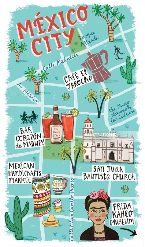 Naive Illustration Style, Maps Illustration, Mexican Patterns, City Maps Illustration, Mexico City Map, Mexico Map, Travel Art Journal, Beautiful Days, Whimsical Artwork