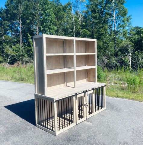 Dog Kennel Hutch Shelving FREE SHIPPING Buffet Table - Etsy Dog Cage Furniture Ideas, Entryway Dog Kennel, Ikea Dog Kennel Hack, Dog Area In Small House, Dog Cage Storage Ideas, Bookshelf Dog Kennel, Pallet Dog Kennel Indoor, Stacked Dog Kennels, Dog Home Indoor