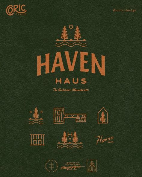 Damjan I Brand Identity on Instagram: "🏠 Logo design for a rental property in The Berkshires managed by Stay at Our Haus. The client, Andrew, envisioned a classic, masculine logo that will attract people looking for a vacation spot in nature where they can enjoy ample outdoor activities and farm-to-table food. 🌲 I created an organic, earthy design that features two pine trees, the sun, and a stream that flows near the residence. The overall style is vintage, but clean and professional, with hand-drawn type that amplifies the welcoming, warm feel. The primary color palette consists of pine green and muted orange to instantly communicate that Haven Haus is located near the forest, surrounded by breathtaking mountain scenery. 🚀 Once the master logo was finalized, we expanded the concep Craftsman Logo Design, Landscape Branding Design, Outdoor Logo Design Ideas, Mountain Modern Design, Rugged Logo Design, Outdoor Company Branding, Outdoor Brand Color Palette, Outdoorsy Font, Pine Logo Design