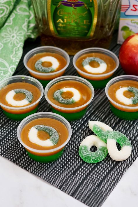 Caramel Apple Jello Shots With Crown Royal Apple - Koti Beth Halloween Shotcuterie, Caramel Apple Jello Shots Crown, Crown Royal Apple Jello Shots, Crown Jello Shots, Caramel Apple Jello Shots, Caramel Apple Shots, Apple Jello Shots, Spooky Sleepover, Peach Jello Shots